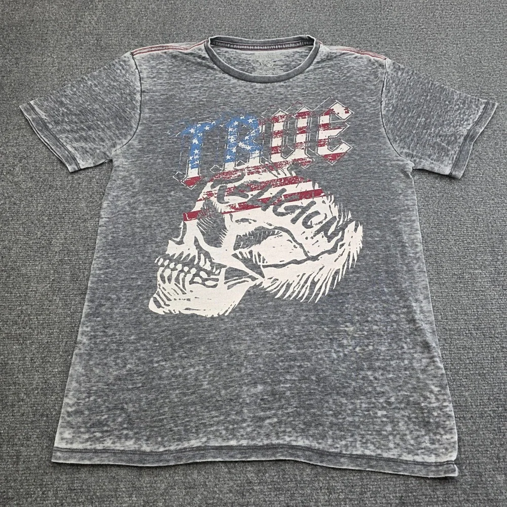 True Religion Shirt Mens Medium M Gray Acid Wash Burnout Skull American Flag Tee